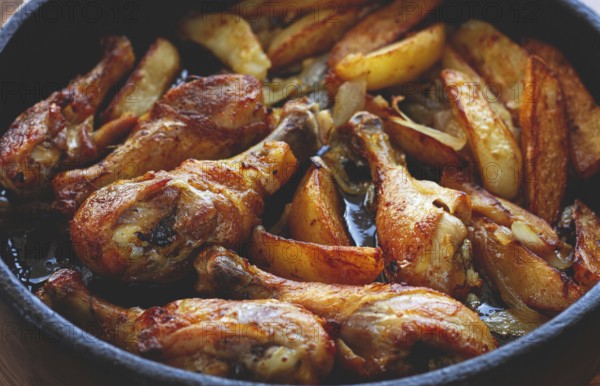 Fried chicken drumsticks with potato slices, in a clay pan, baked in the oven, with spices, homemade, no people