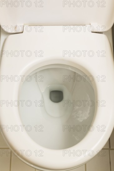 Top view of white flush toilet with opened cover and oval shaped seat, La Spezia, Italy, Europe
