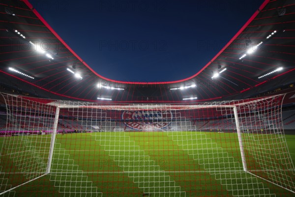 Tor tor, goal net, stadium, empty, interior, illuminated, blue hour, Allianz Arena, Munich, Bavaria, Germany, Europe