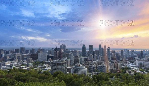 Panoramic Belvedere Mount Royal, Chalet Mont Royal, a scenic lookout of Montreal downtown skyline.