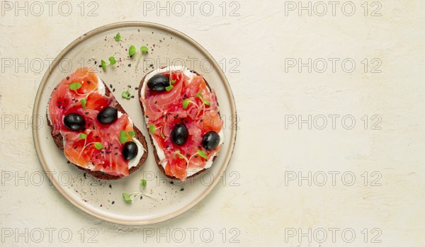 Sandwiches with red fish, cream cheese, olives and microgreens, breakfast