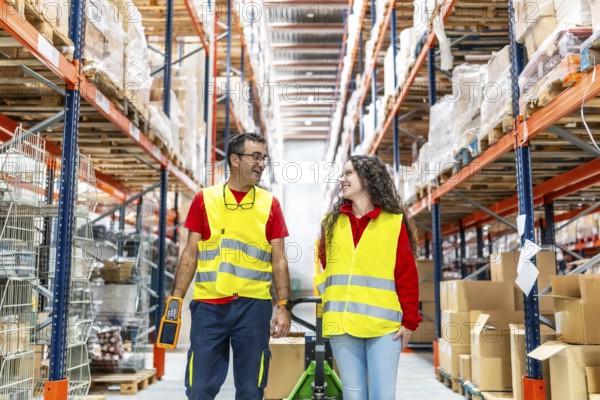 Frontal view of a mature male and young female workers of warehouse walking and chatting while scanning and carrying cargo