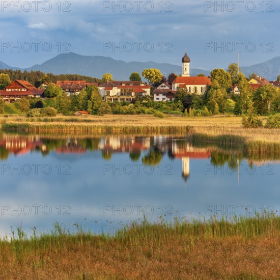View over the Sengsee lake to Iffeldorf with St. Vitus church in autumn, Osterseen, Fünfseenland, Upper Bavaria, Bavaria, Germany, Europe