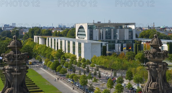 View of the modern government district in Berlin with lots of greenery, view from the Reichstag building to the Federal Chancellery, German Bundestag, Berlin, Germany, Europe