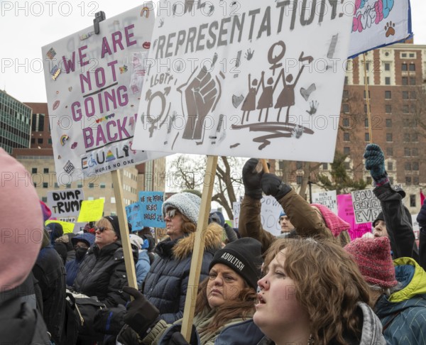 Lansing, Michigan USA - 5 February 2025 - People rally at the Michigan state capitol to oppose President Trump, Elon Musk, and Project 2025. Similar rallies were planned across the country, many of them at state capitols