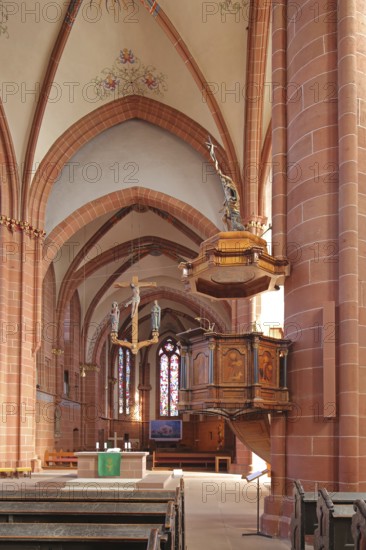 Pulpit built 17th century with sounding board and wooden decorations, wood carvings, pulpit cover, pulpit dome, pulpit canopy, interior view, Cathedral of Our Lady, Wetzlar, Hesse, Germany, Europe