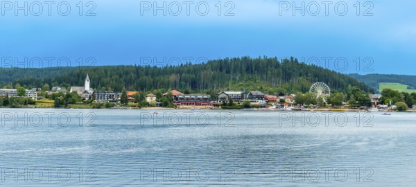 Panoramic view of the landscape seen from the boat on Lake Titisee in the Black Forest, Germany, Europe