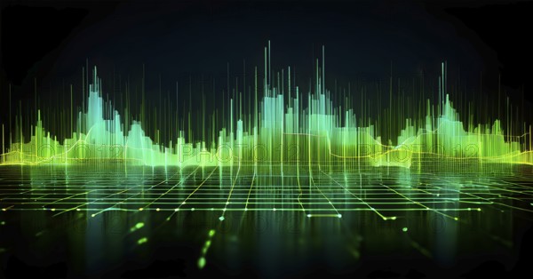 Glowing digital wave forms fluctuating in sync with a pulsating grid background, representing the heartbeat of artificial intelligence, AI generated