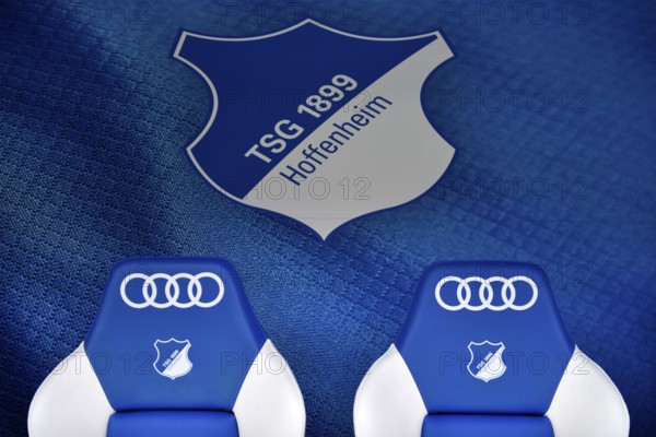 Substitute bench, TSG 1899 Hoffenheim, Logo, Audi, PreZero Arena, Sinsheim, Baden-Württemberg, Germany, Europe