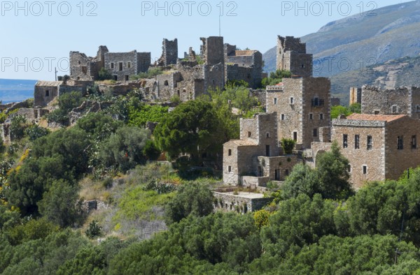 Detailed view of historic stone houses of a hilltop village, residential towers, Vathia, Ithylo, Anatoliki Mani, Mani, Laconia, Peloponnese, Greece, Europe