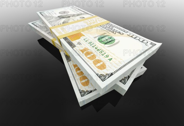 Stack of thirty thousand dollars of one hundred dollar bills on black reflective surface.