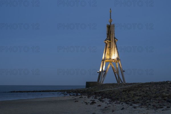 Illuminated Kugelbake, landmark, blue hour, North Sea, Lower Saxony Wadden Sea National Park, Cuxhaven, Lower Saxony, Germany, Europe