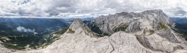 Aerial view, Waxenstein, Eibsee lake and Wetterstein Mountains, Garmisch-Patenkirchen, Bavaria, Germany, Europe