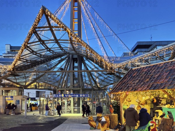 Christmas market at the Reinoldikrche underground station in the evening, Dortmund, Ruhr area, Germany, Europe