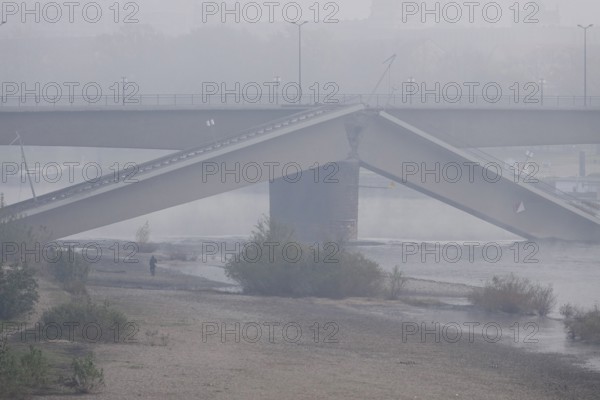 Partially collapsed Carola Bridge, fog, autumn, Dresden, Saxony, Germany, Europe