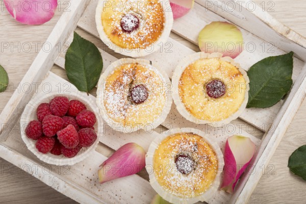 Cheesecake muffins with icing sugar and raspberries