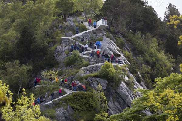 View of the hiking trail to the viewpoint Fjellstua on Aksla from Ålesund, Norway, Scandinavia, Europe