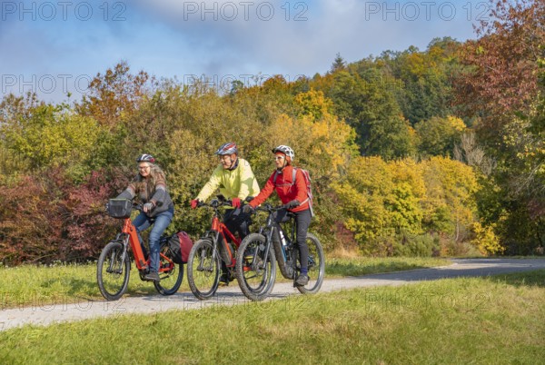 Three happy, active seniors ride their mountain bikes in the autumnal atmosphere of the autumn forests around the city of Stuttgart, Baden-Württemberg, Germany, Europe
