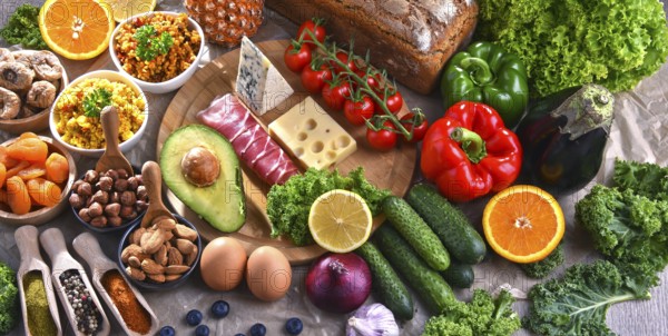 Composition with assorted food products on kitchen table