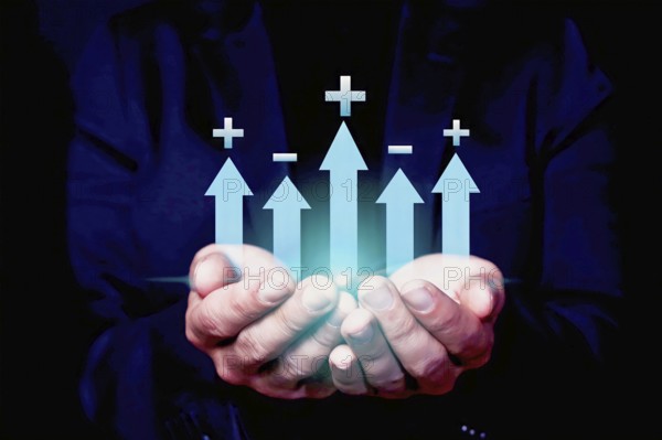 Individual showcasing a holographic projection of upward arrows and pluses, denoting growth and success