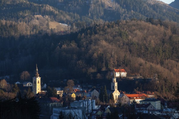 View of church towers of the city of Leoben, Leoben, Styria, Austria, Europe