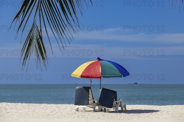 Parasol with sun loungers on a sandy beach, Chenang Beach, Langkawi, Kedah State, Malaysia, South East Asia, Asia
