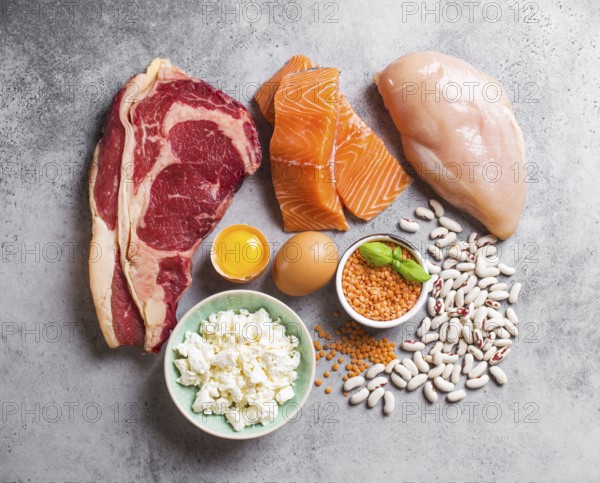 Assortment of natural sources of protein from food: meat, fish, chicken, dairy products, eggs, beans. Diet, healthy eating, wellness, bodybuilding concept, top view, stone background