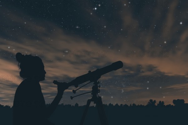 Woman with telescope. Night sky, with clouds and constellations, Aquarius, Aguila, Scutum, Ophiuchus, Serpens, Sagittarius, Capricornus