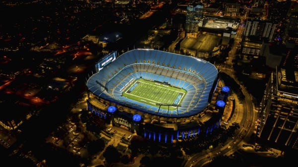 Night aerial view of the Bank of America Stadium, home of the National Football League Carolina Panthers and MLS Charlotte FC football club