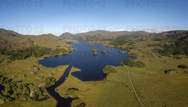 Aerial view of the Owengarriff River and Upper Lake in Killarney National Park in County Kerry