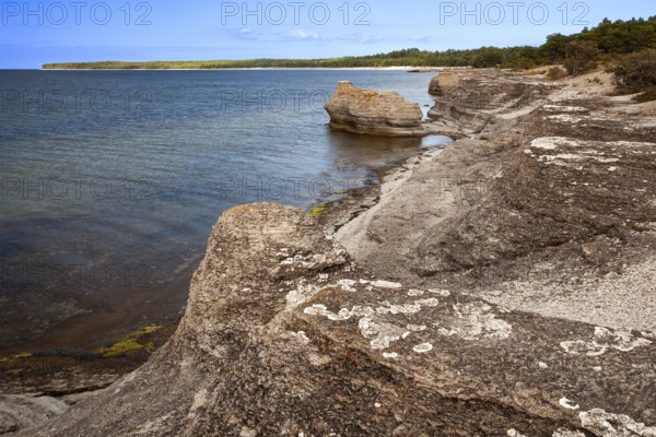 Rauken von Byrum, freestanding sandstone pillars washed out by the sea, Byrum, Oeland, Kalmar County, Sweden, Europe