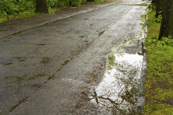 Poor asphalt road with potholes after the rain