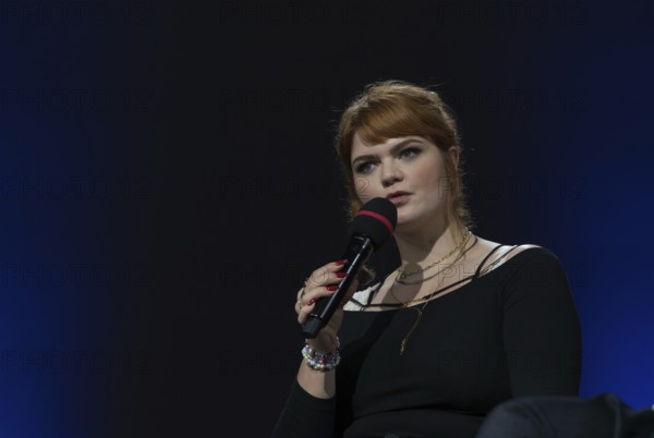 FRANKFURT AM MAIN, Germany, October 20 2023: Sophie Passmann (*1994, German author, radio host, actress) on stage at the 75th Frankfurt Book Fair, Europe