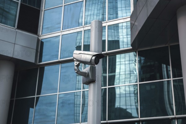 External surveillance camera against glass building facade