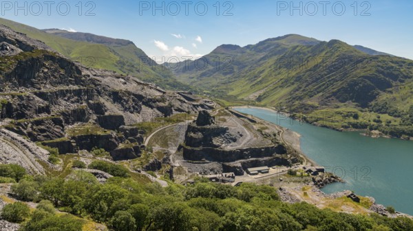 View from Dinorwic Quarry, near Llanberis, Gwynedd, Wales, UK, with Llyn Peris, the Dinorwig Power Station Facilities and Mount Snowdon in the background