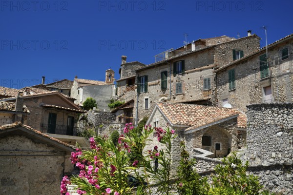 View of the roofs and houses, Roccantica, Roccantica, Sabine Mountains, Province of Rieti, Lazio region, Italy, Roccantica, Lazio, Italy, Europe