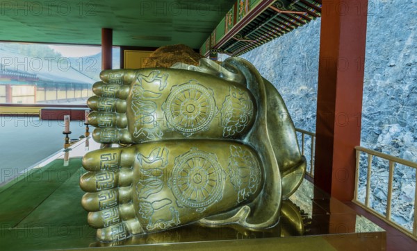 Feet of thirteen meter long reclining Buddha at Manbulsa Temple in Yeongcheon, South Korea, Asia