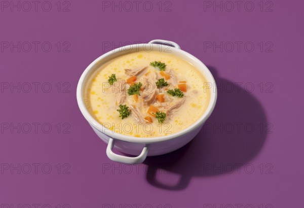 Delicious greek chicken soup with lemon juice and vegetables, in a white enamel bowl, isolated on a colored background