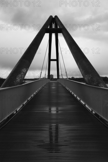 Bridge in the media harbour, reflection, black and white, Düsseldorf, Germany, Europe
