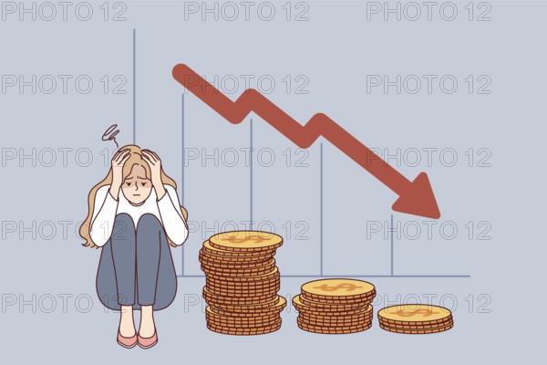 Problem of bankruptcy for girl lost savings due to financial crisis, sitting near falling economic chart. Girl is bankruptcy fighter after being fired from job and losing investments
