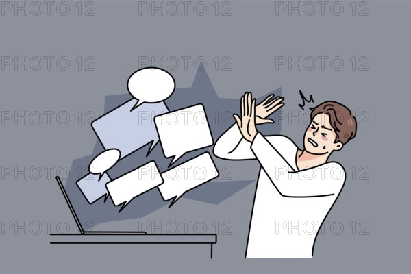 Stressed man overwhelmed with online negative comments and messages on computer. Unhappy guy struggle with hate and bullying on internet. Abuse on social media. illustration