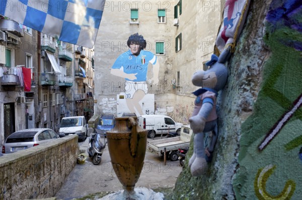 Naples Campania Italy. Made on the occasion of the second Scudetto of Napoli, in the 1990, the mural of Maradona is located in the Quartieri Spagnoli and has been restored in the 2016 thanks to the contributions of the citizens of the area. Quartieri Sp