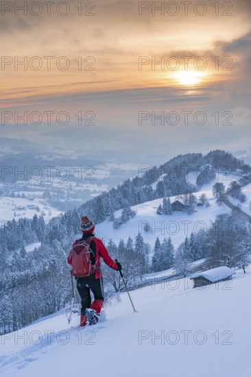 Pretty active senior woman snowshoeing in the Allgäu Alps near Oberstaufen with a view of the Bregenzerwald, Vorarlberg, Austria, Europe