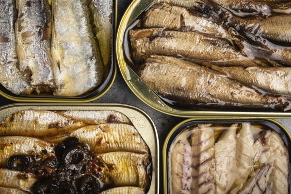 Assorted canned fish in a tin over gray concrete background: sardine, smoked sardine, mackerel. Tinned fish as a convenient, fast, healthy food and source of omega-3 fatty acids, protein and vitamin D