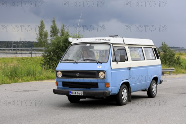 Blue Volkswagen Type 3 Westfalia camper van. The 3rd generation of VW Transporter was manufactured 1979-91 in Germany. Salo, Finland. June 25, 2021