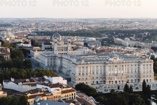 Madrid city centre aerial panoramic view at sunset. Royal Palace