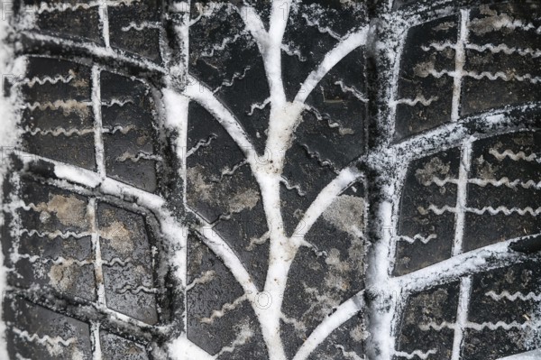 Closeup of car tires in winter. Winter tire with snow