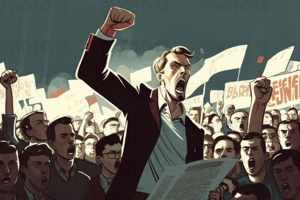 Crowd of People with their hands and fist raised in the air illustration. Revolution political protest activism patriotism.