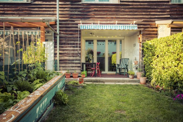 Little garden with green grass and flowers for having good times, summertime