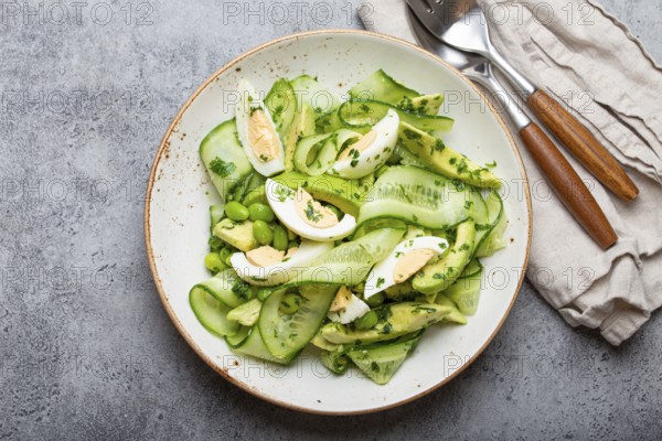 Healthy green avocado salad bowl with boiled eggs, sliced cucumbers, edamame beans, olive oil and herbs on ceramic plate top view on grey stone rustic table background, food photography, food photography